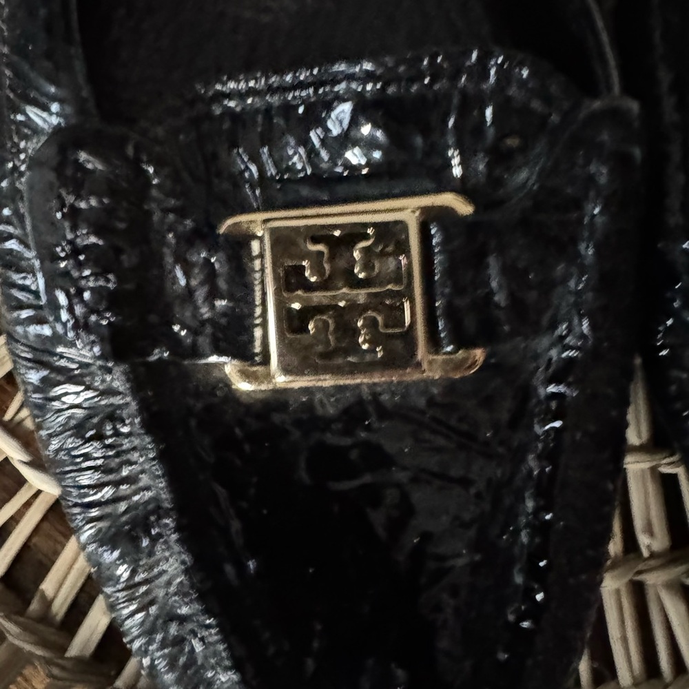 Tory Burch Shiny Black Loafers with Gold Emblem